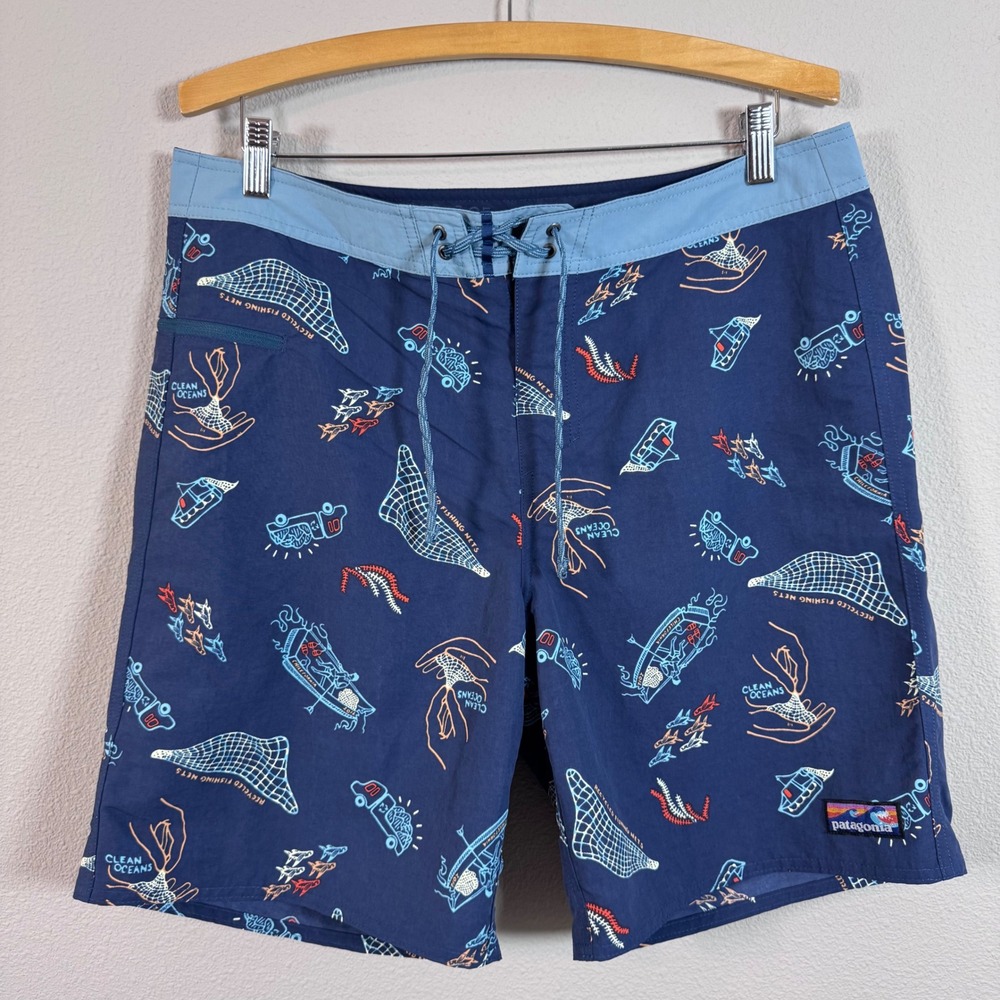 Patagonia Wavefarer Board Shorts Clean Currents Tidepool Blue Gorpcore Men's 34